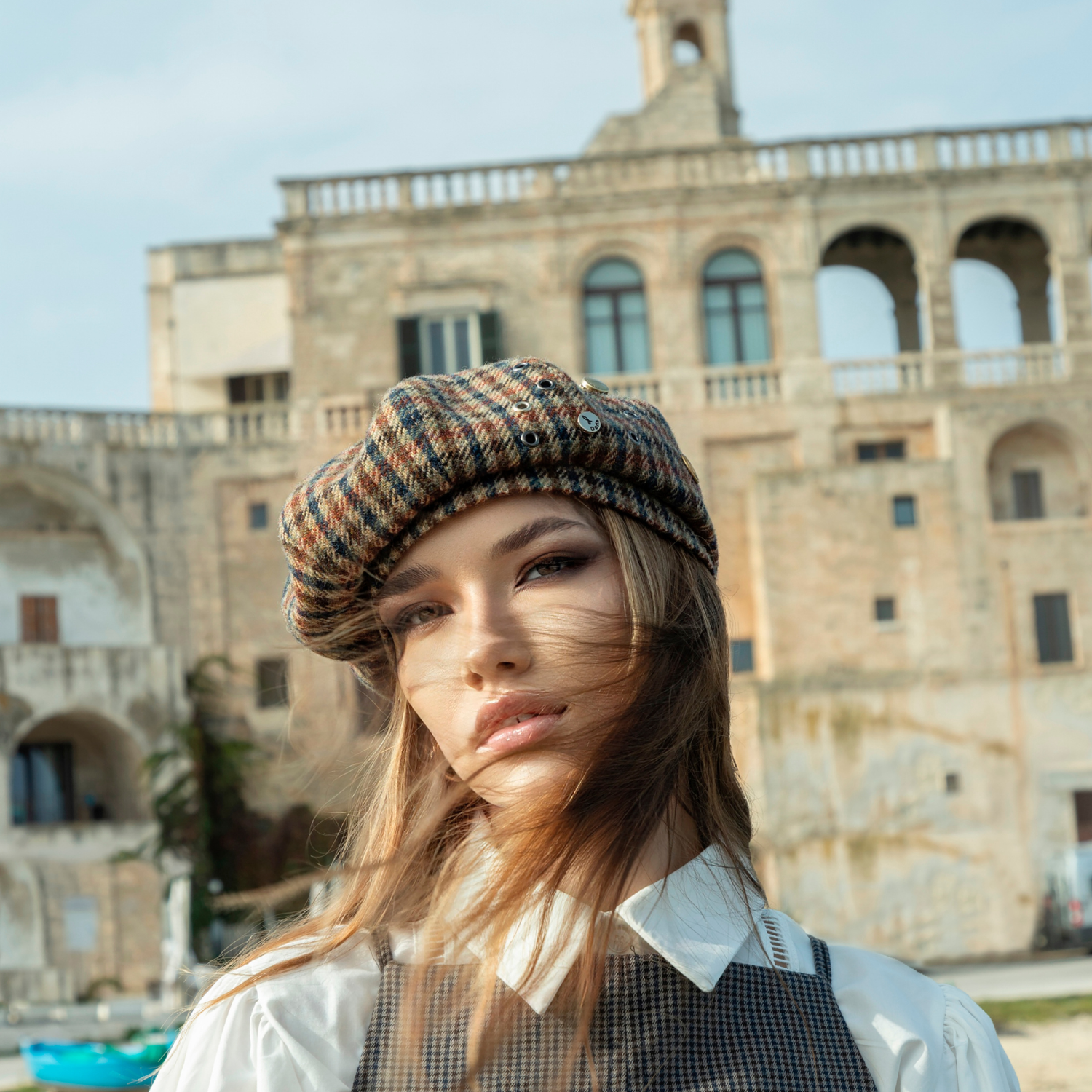 Checked Wool Fabric Basque Cap