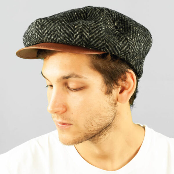 Irish Hat in Grey Chevron Tweed Fabric and Leather Visor