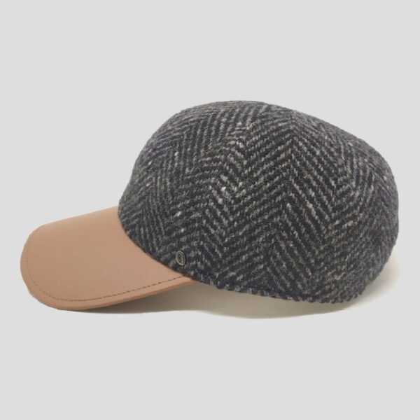 Unlined Baseball Cap in Tweed Fabric with Leather Visor Grey