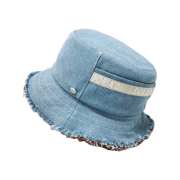 Fringed Bucket Hat in Light Denim Fabric