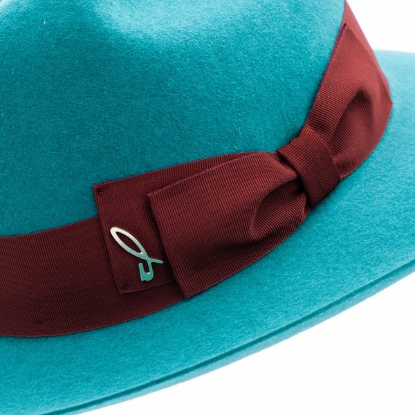 Light Blue Fedora Felt Hat Ribboned with Red Bow
