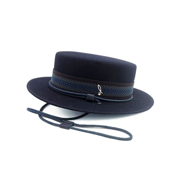 Blue Toledo Hat in Shaved Lapin Felt with Wool Braid Belt and Waxed Cord Chin strap Doria 1905