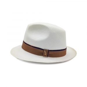 Cappello Fedora Panama Fine Naturale Bianco Cinta Caramello e Blu Doria 1905