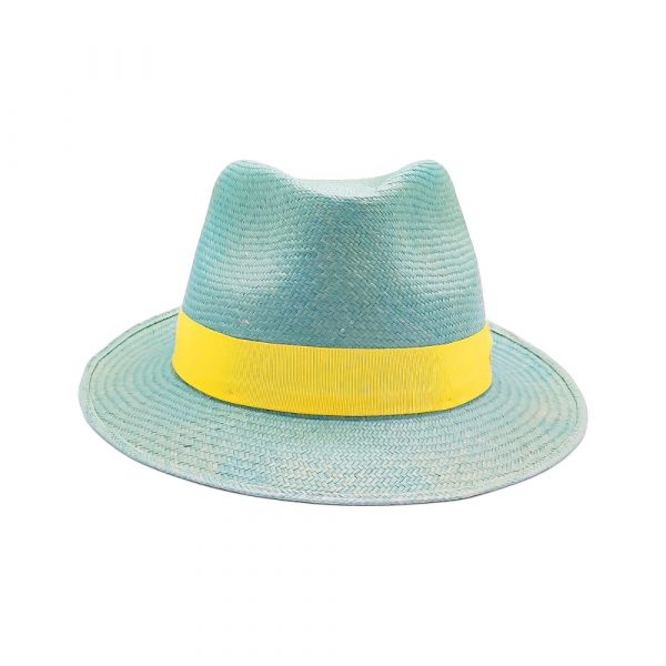Cappello Panama Cuenca Tesa Piccola Azzurro Cinta Gialla